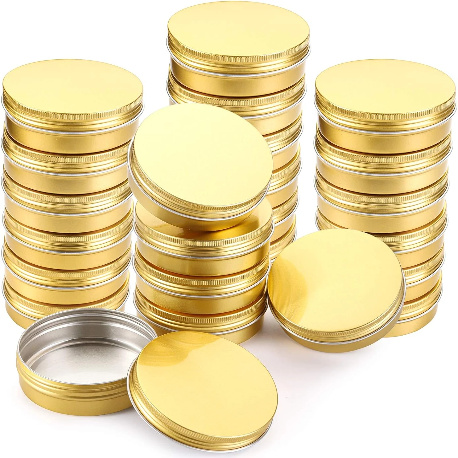 

Experience ultimate convenience with these luxurious high-quality golden 4 oz round aluminum empty tins - a convenient pack of 2