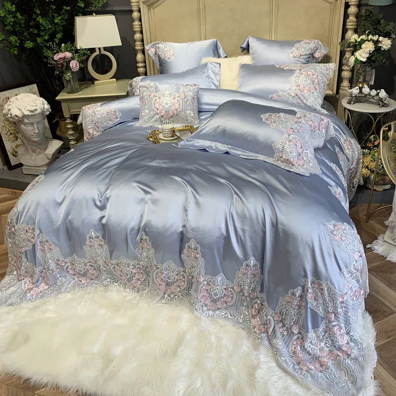 Luxury Hotel Wedding Bedding Set Bed Linen Duvet Cover Sets With Embroidery 600 Thread Long Staple Cotton Blue Princess 3/4 PCS