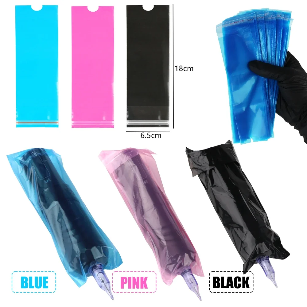 100/200pcs Big Size Tattoo Pen Bags Tattoo Pen Machine Sleeve Covers Black/Blue/Pink Clip Cord Sleeves Tattoo Accessories