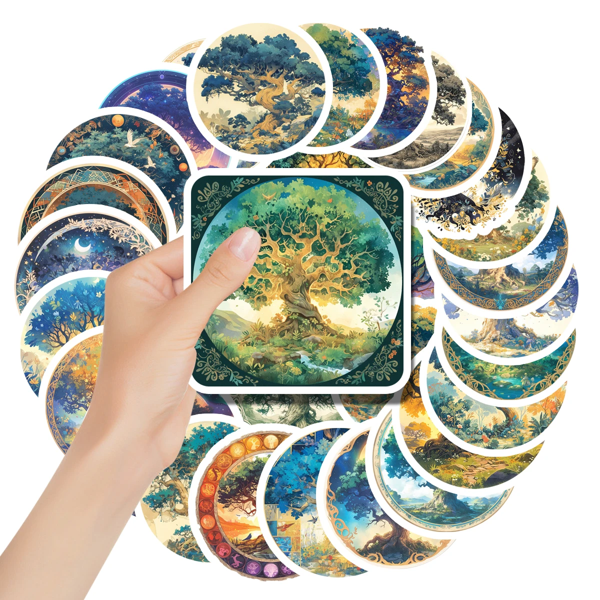 50pcs Colorful Tree of Life Sticker Towering Tree Trendy Hand Ledger Waterproof Self-Adhesive Stickers