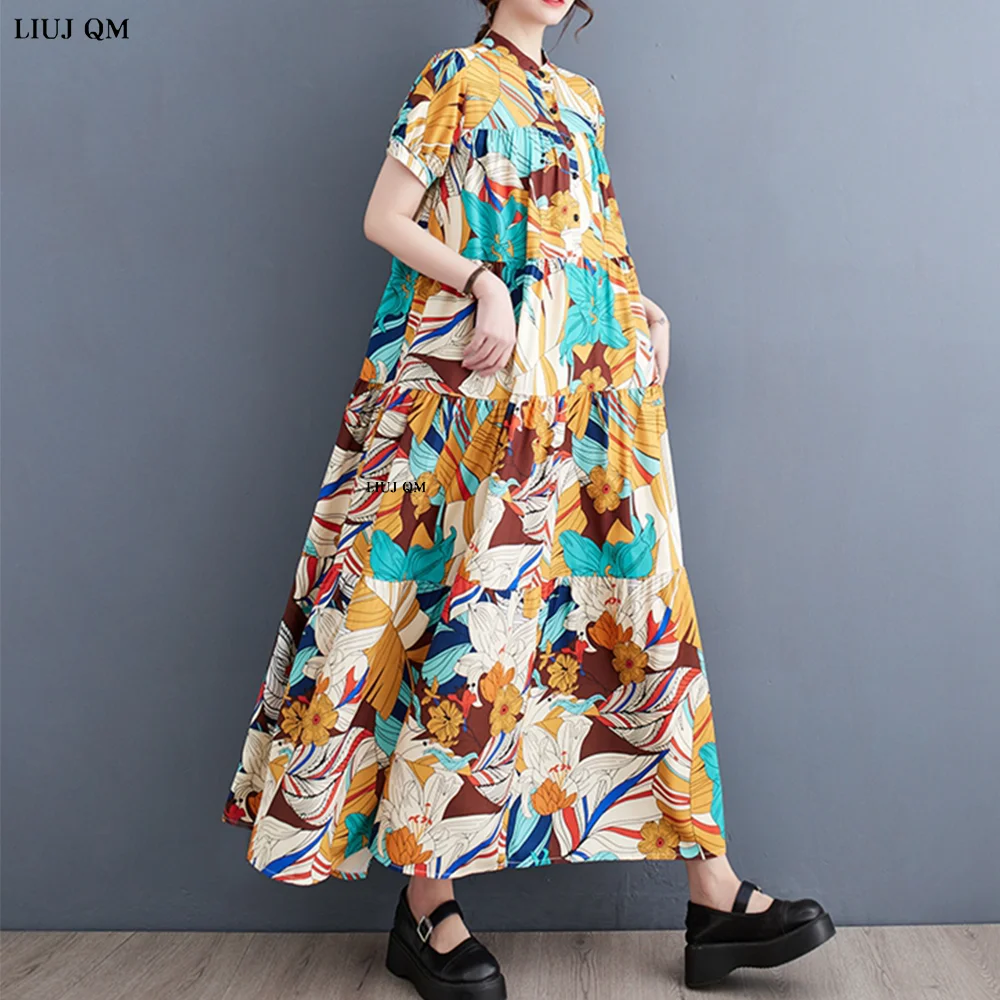 Pullover Dress Women Fashion Print Pattern Goddess Fan Casual Style Half Sleeve 2023 Summer Loose Vintage Long Dress Plus Size