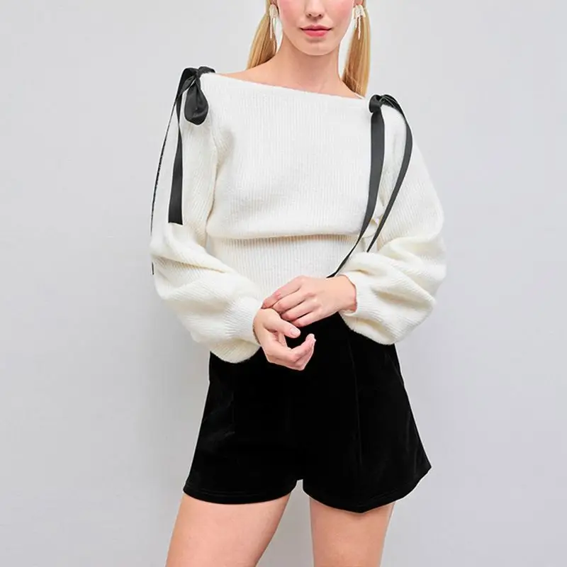 Moda Lace Up Pullover a maniche lunghe Maglieria Anni 2000 Vita estetica Tinta unita High Street Temperamento Maglione pullover casual