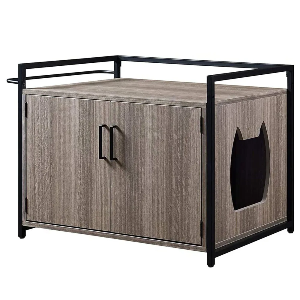 Modern Cat Litter Box Enclosure Hidden Cabinet Privacy Washroom Bench Pet Crate Cat House Nightstand Wood Iron Home Furniture