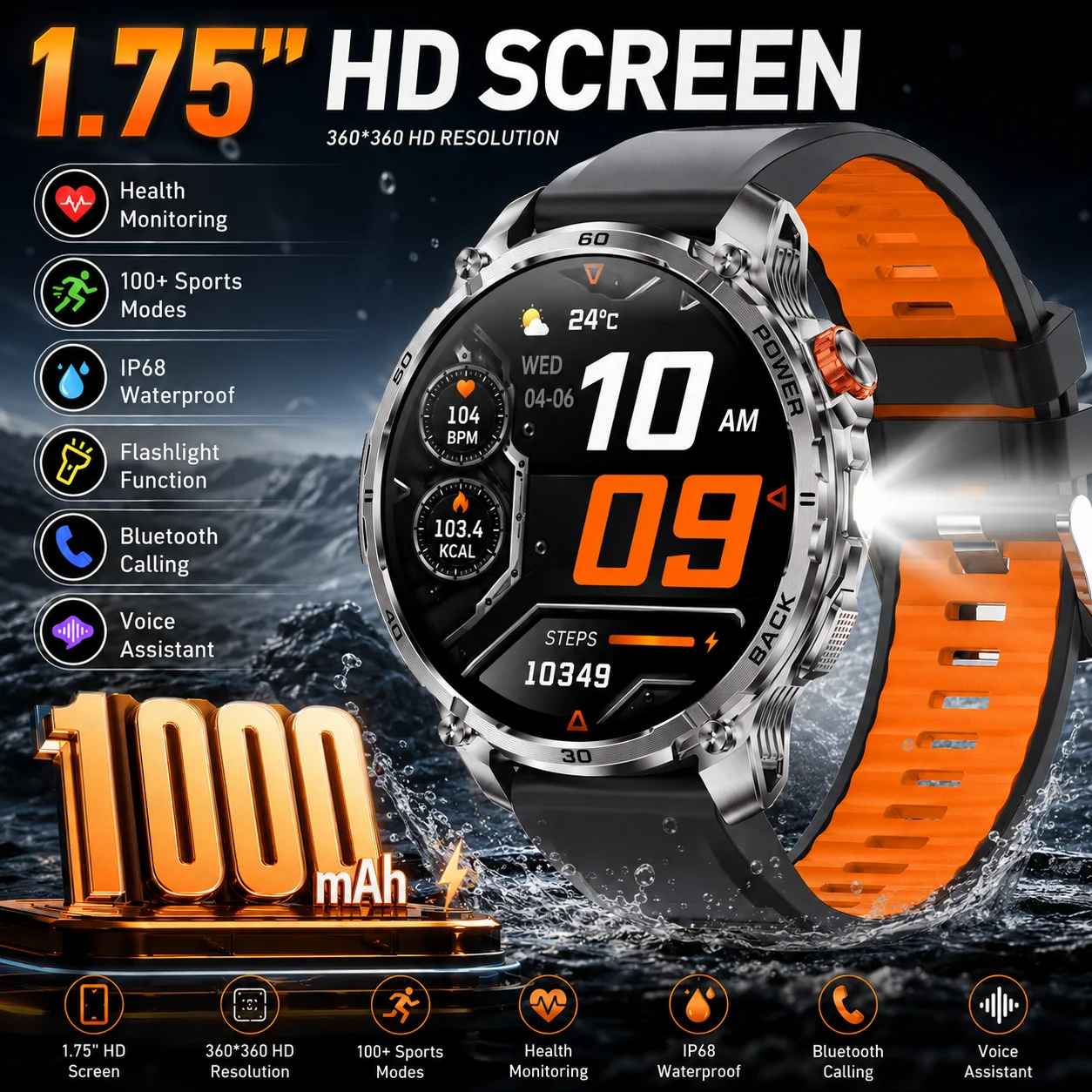

LIGE New Military 1000mAh Battery Smart Watch Waterproof Sports GPS Run Tracker Outdoor Compass 1.75inch Large Screen Smartwatch