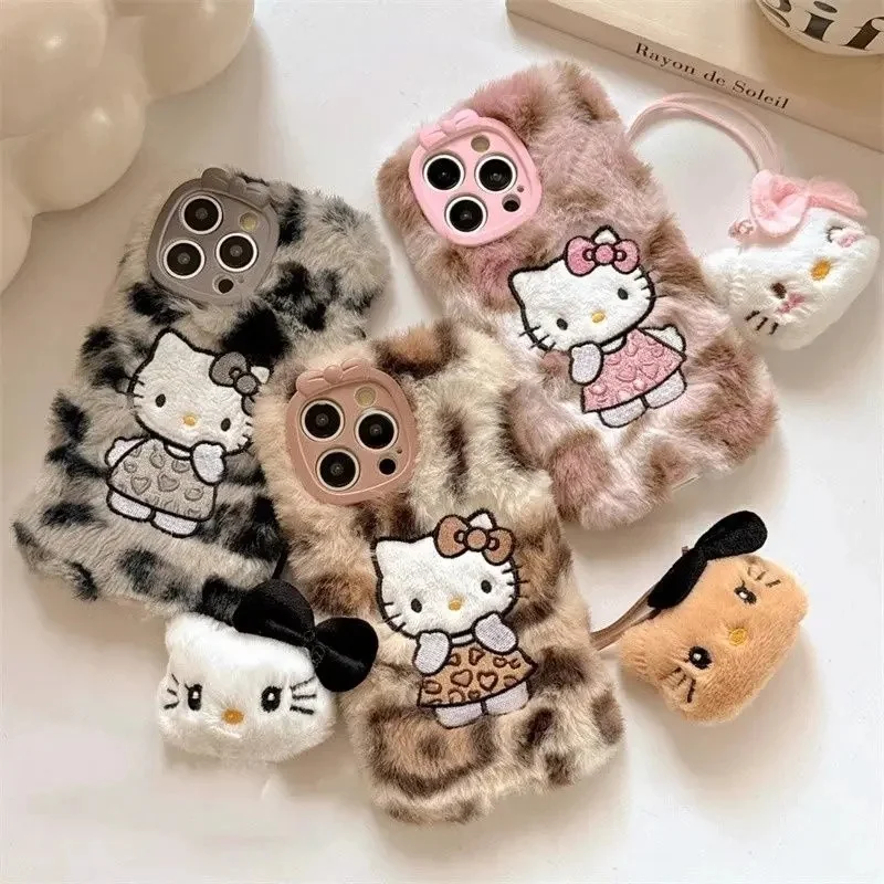 

Cute Plush Y2k Hello Kitty Kawaii Plush Leopard Print Phone Case for iphone 16 15 14 13 12 Pro Max cartoon KT Furry Wrist Strap
