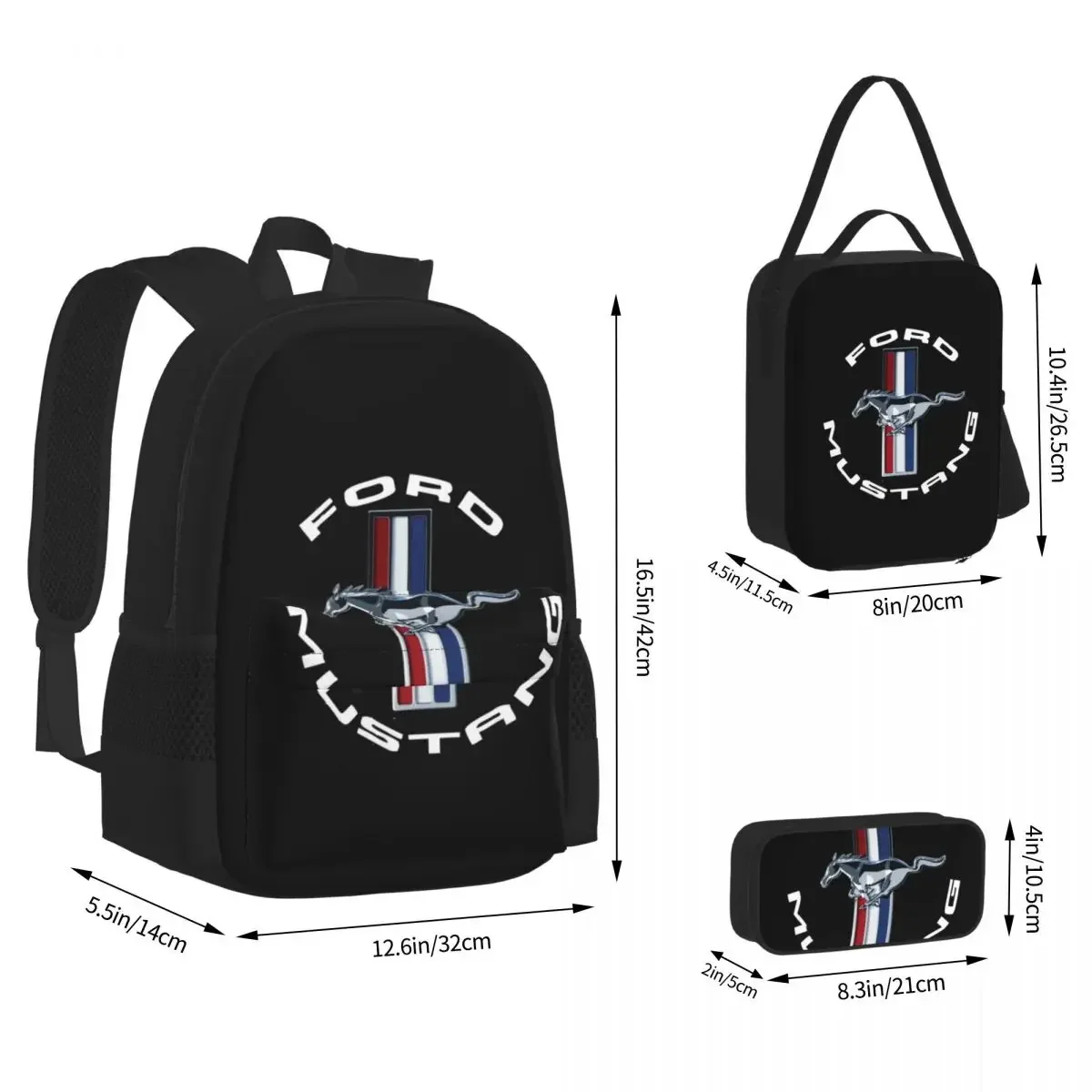 Ford Mustang Backpacks Boys Girls Bookbag Children School Bags Cartoon Kids Rucksack Lunch Bag Pen Bag Three-Piece Set