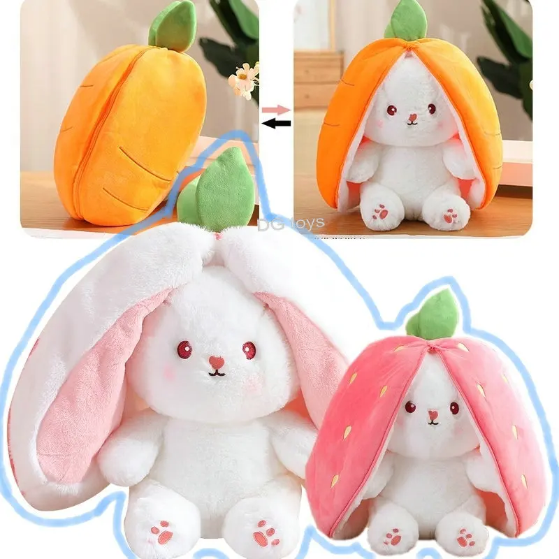 Creative Funny Peek A Boo Carrot Rabbit Plush Toy Stuffed Bunny Hiding in Strawberry Bag Toys for Kids Birthday Gift