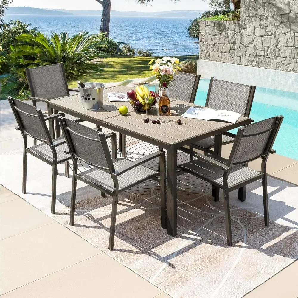 Terraço Jantar Outdoor Furniture Set, mesa intempéries, 6 empilhável para jardim, 7 pcs