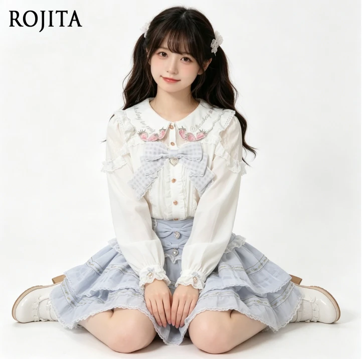 

Kawaii Sheer Long Sleeve Lolita Blouse with Strawberry Embroidered Collar Lace Ruffle and Plaid Bow Sweet Lolita Top