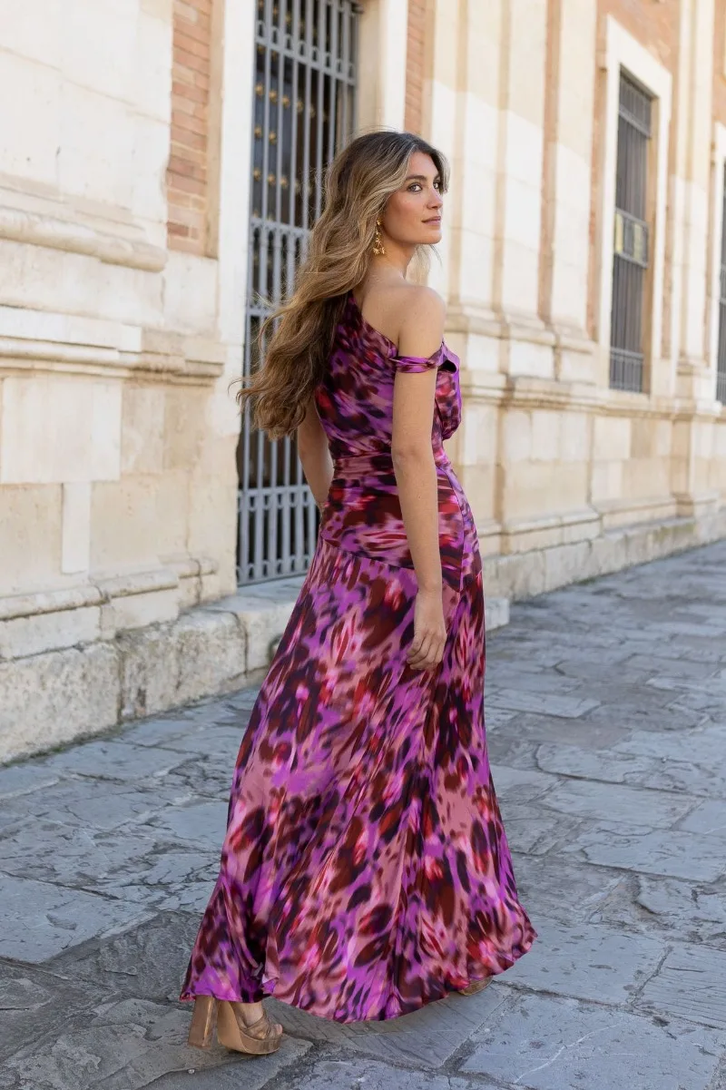 Elegantes Damen Tie-Dye-Print Hochzeitsgast-Maxikleid Schulterfreies Gerafftes Satin Fließendes Cocktailkleid Abendkleid Partykleid – Detail 6