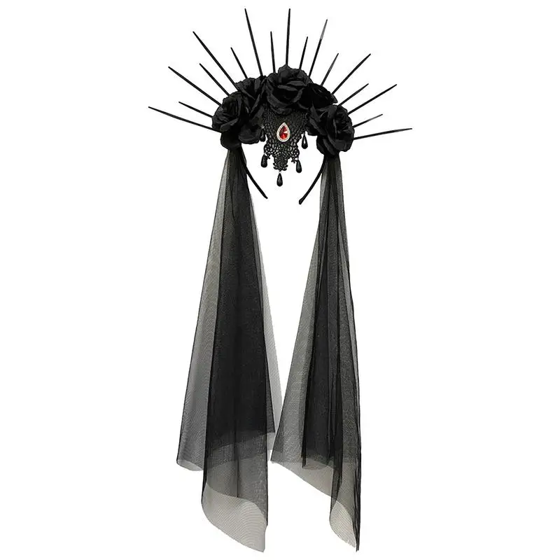 Halloween Wedding Dress Up Veil Headband Gothic Crown Mesh Black Rose Retro Europe And America Dress Up Christmas Role Play