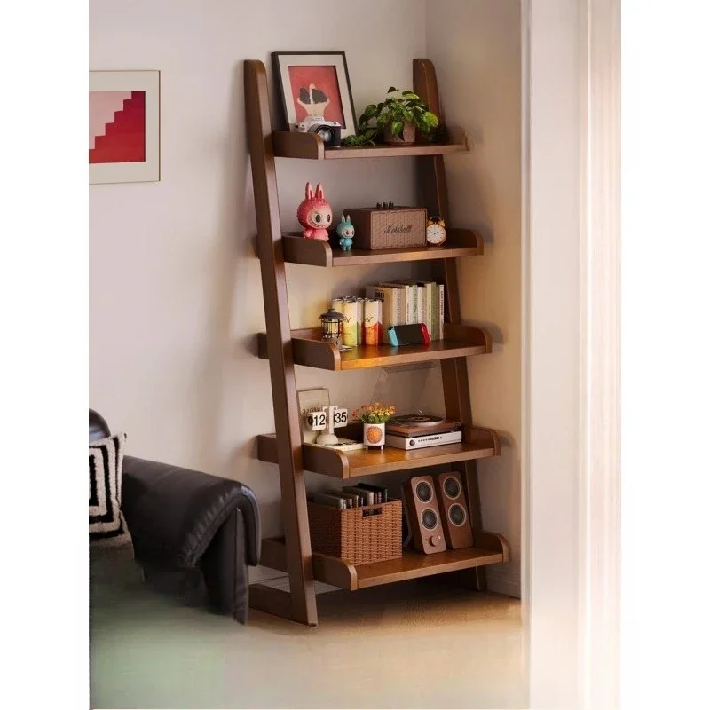 Solid wood trapezoidal shelf bookshelf, floor-to-ceiling living room display integrated wall household simple storage rack