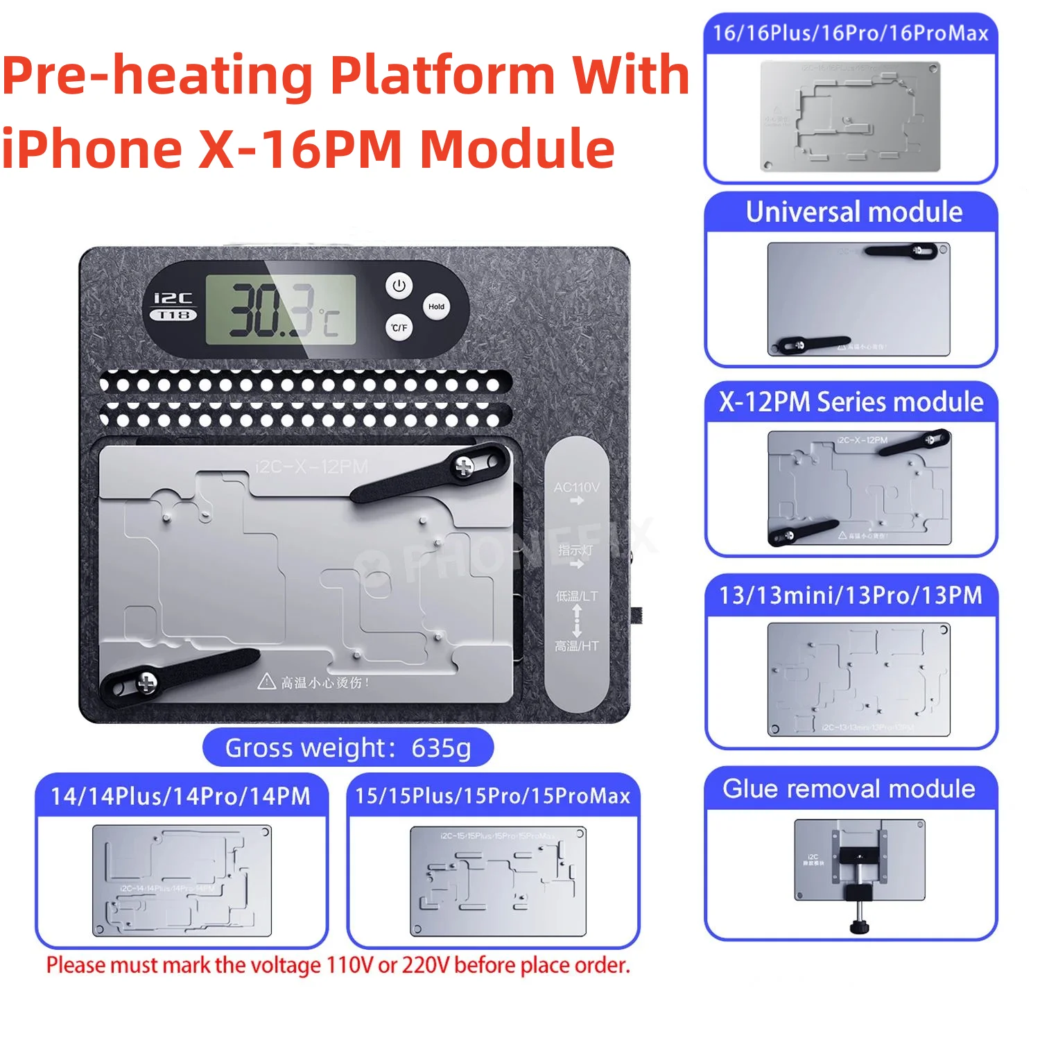 I2C T18 PCB Quick Heating Desoldering Station for iPhone X 11 12 13 14 15 16PM Motherboard Layered Glue Removal Rework Platform