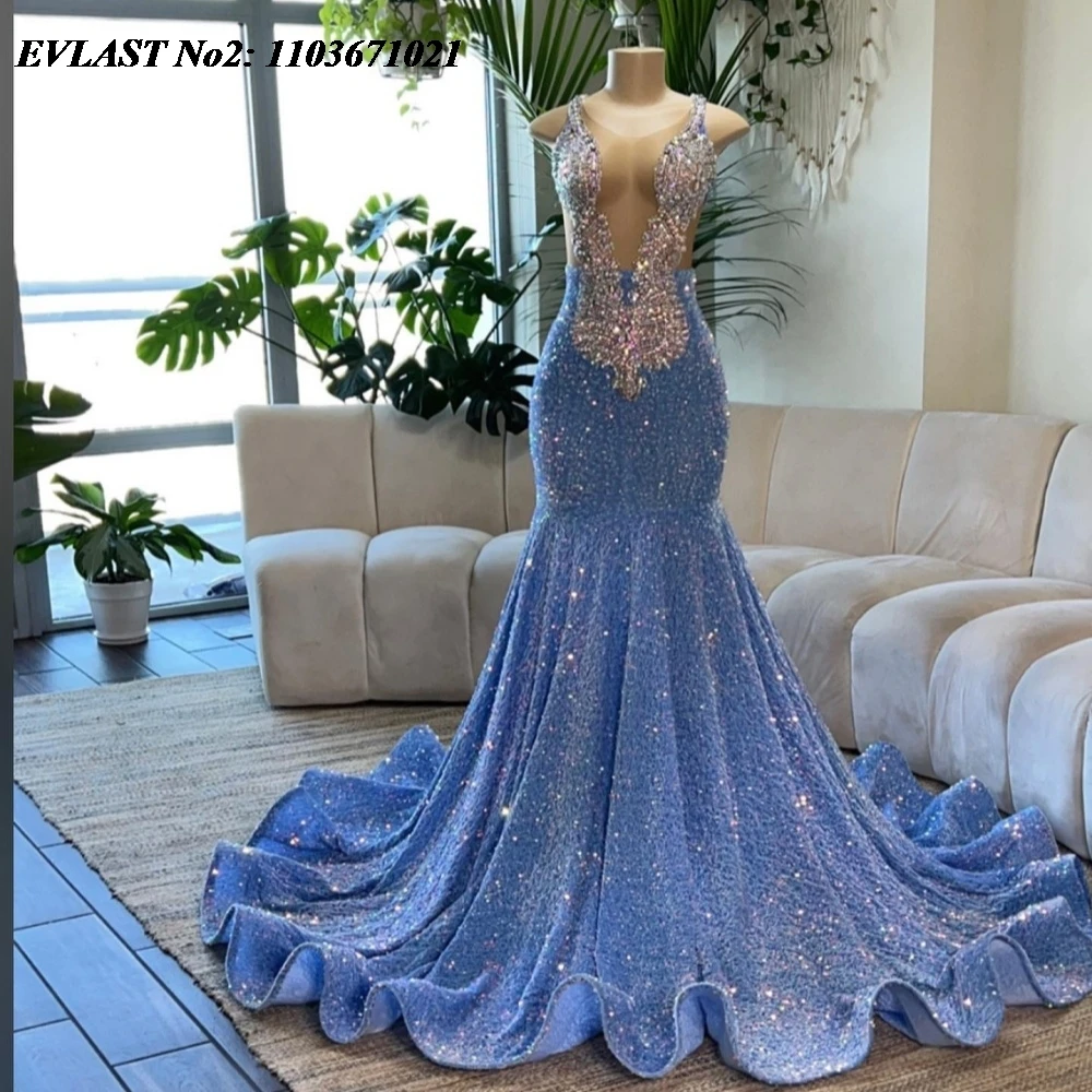 

EVLAST индивидуальное блестящее синее платье русалки с блестками для выпускного вечера, черное платье для девочек с блестящими бриллиантами и кристаллами, расшитое бисером, платье для дня рождения E2P489