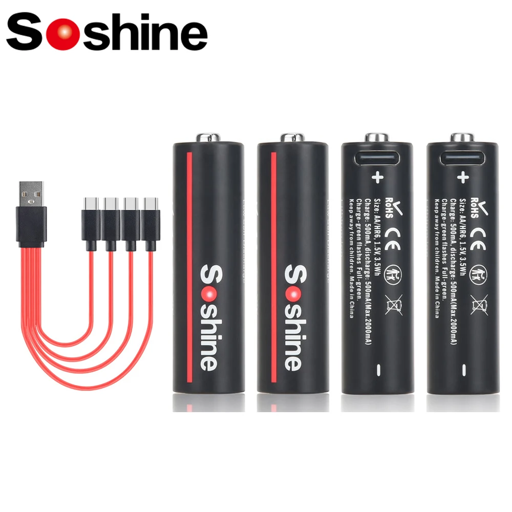 Soshine 1.5V AA 3500mWh Rechargeable Batteries USB Lithium Battery with 4-in-1 USB Cable for Smoke Detector Game Machine Camera