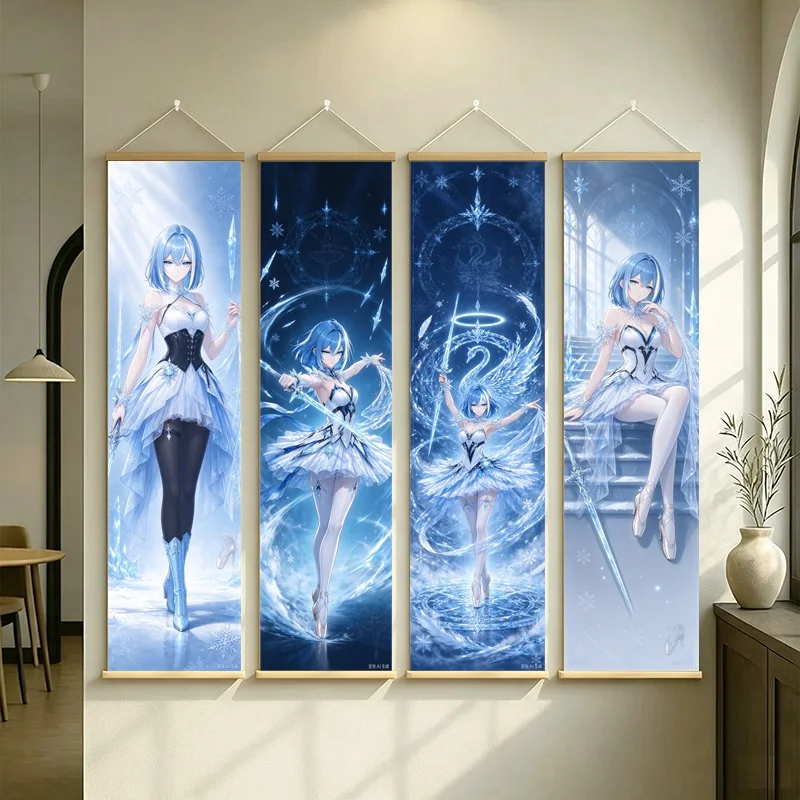 Hanging Scroll Wall Art of Genshin Impact Odette with Soft Icy Blue Glow on Silver Shimmer Canvas for an Anime Bedroom