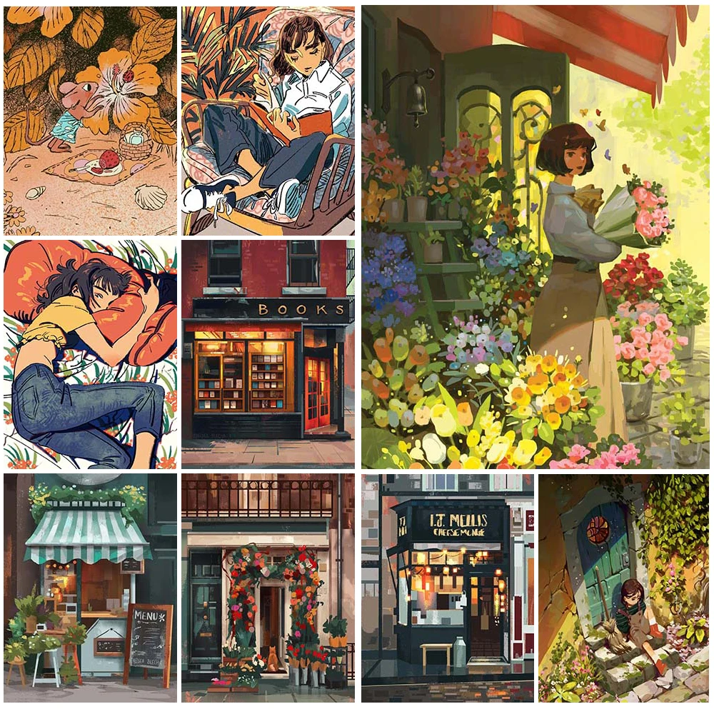

Cartoon Illustration Girl Life Streetscape Poster Wall Art Canvas Painting Home Decor Wall Pictures For Living Room Unframed
