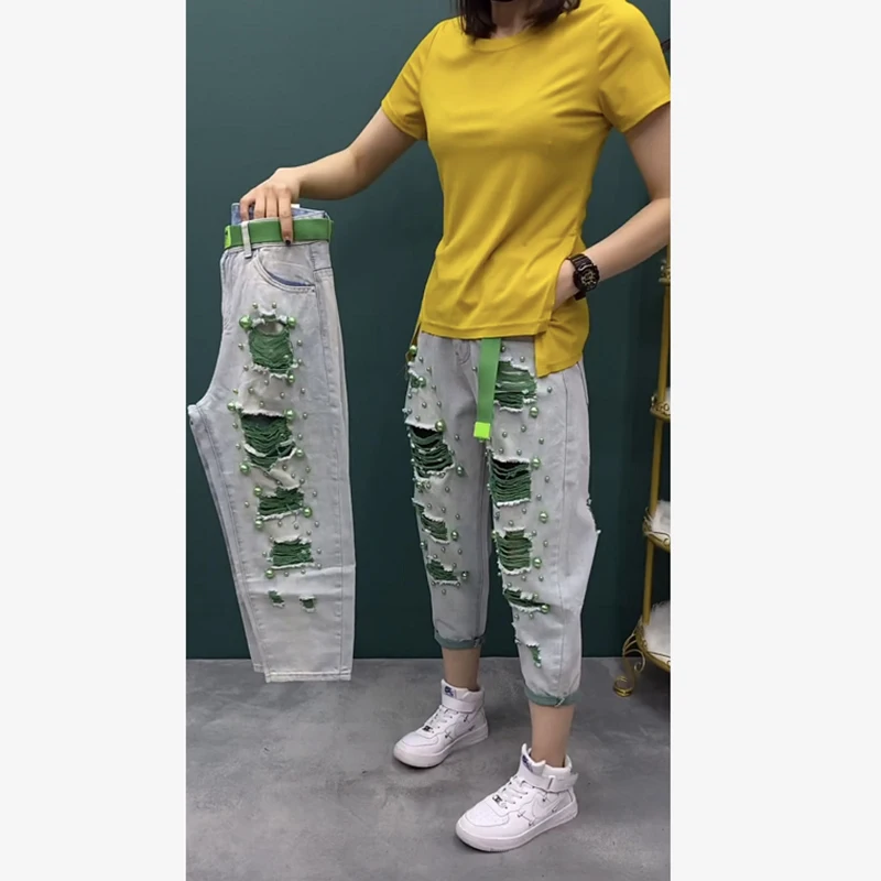 Solto een denim jeans feminino verão fino em linha reta calças de perna larga cintura alta nove pontos harlan pobre solto ajuste jeans