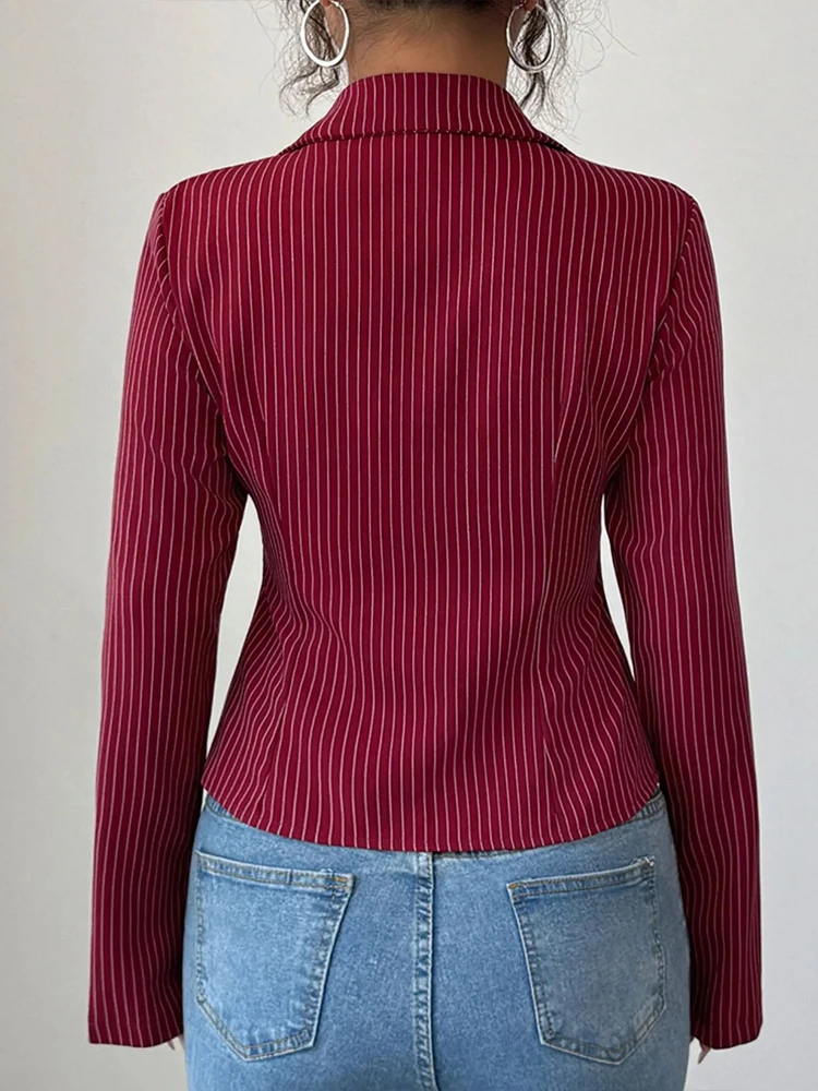 Vêtements populaires coréens pour femmes, col Blazer rayé, coupe cintrée, ourlet irrégulier, chemise pour les déplacements, Streetwear, haut à manches longues, automne