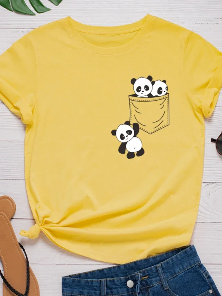 Funny Pocket Panda Graphic Print Women Tee O-Neck Short Sleeve Loose Fashion Minimalist Design Casual Daily Aesthetic Women Tee
