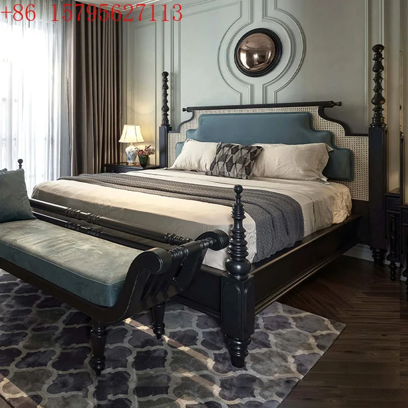 

Французская ретро-кровать из цельного дерева, американская кровать принцессы, мягкая сумка из ротанга, двуспальная кровать