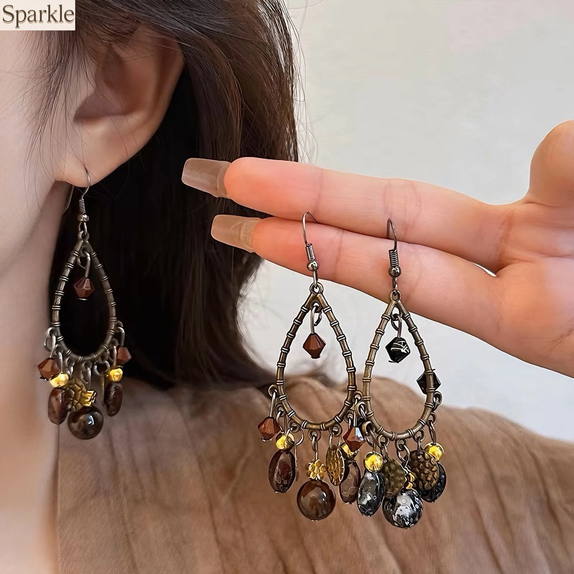 

Women's Vintage Metal Drop Earrings with Natural Stone Tassel Ethnic Style Retro Jewelry Gift - Temperament Personality