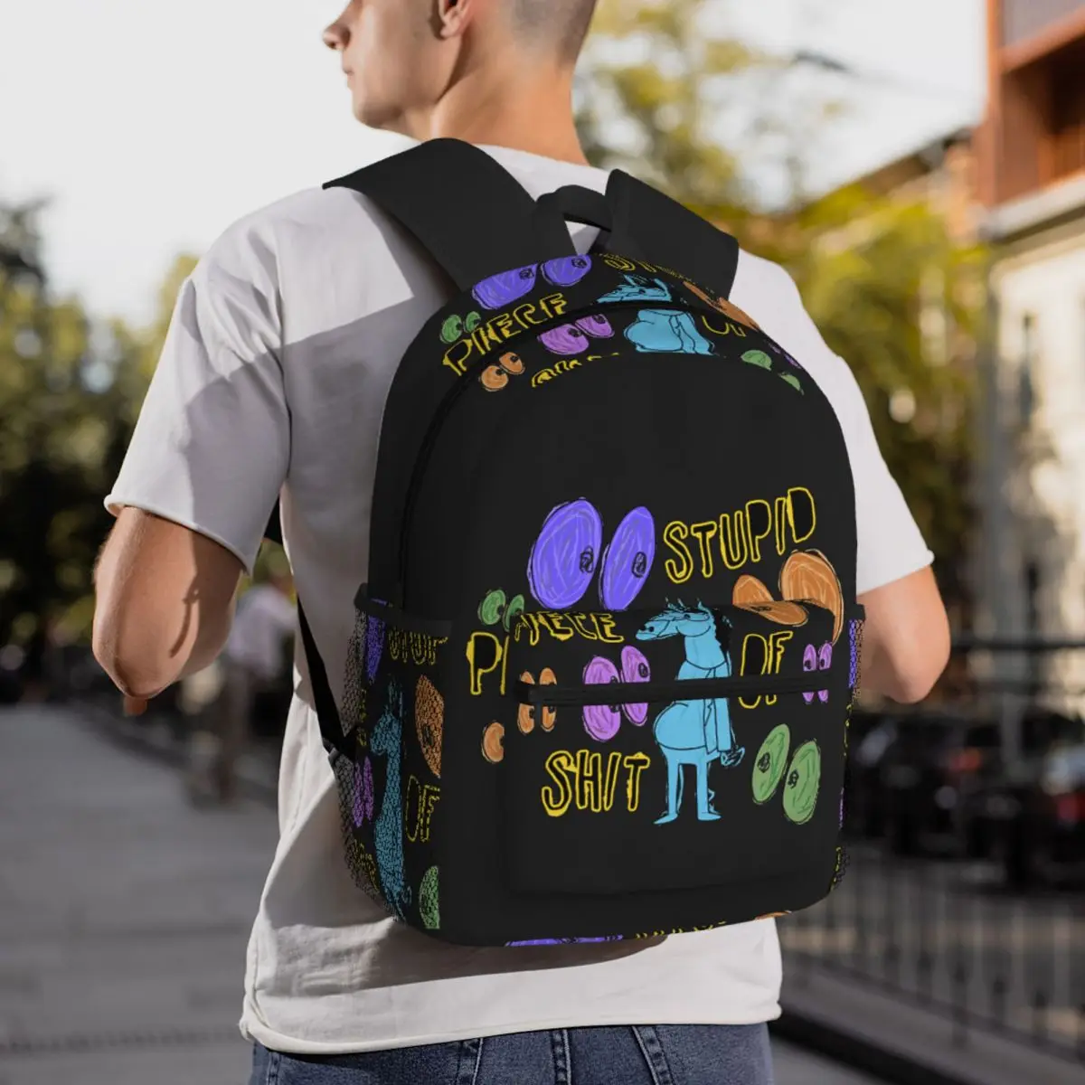 Cartoon Bojack Horseman Stupid Piece Of Shit Backpack Student BookBag Children School Bag Laptop Shoulder Bags for Men Women