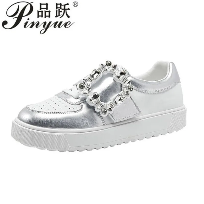 Genuine Leather Rhinestones Women Sneakers All Match Hook Loop Runway Casual Trainers Chunky Heel Platform Tennis Female Shoes