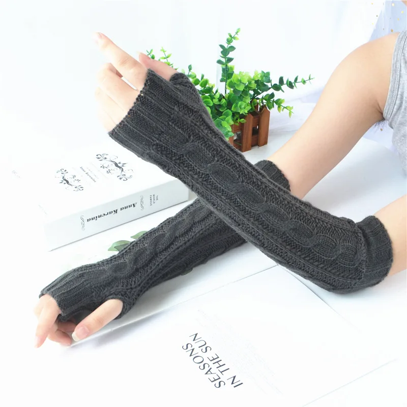 Women\'s Long Fingerless Gloves Winter Punk Warm Oversleeves Knitted Half Finger Twist Arm Sleeve Mitten Keep Warm Arm Warmer