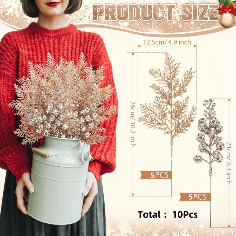 Glitter Christmas Decoration Artificial Berrys Bouquets Stalk Pine Needle Xmas Tree Ornament Xmas DIY Wreath Gift Accessories