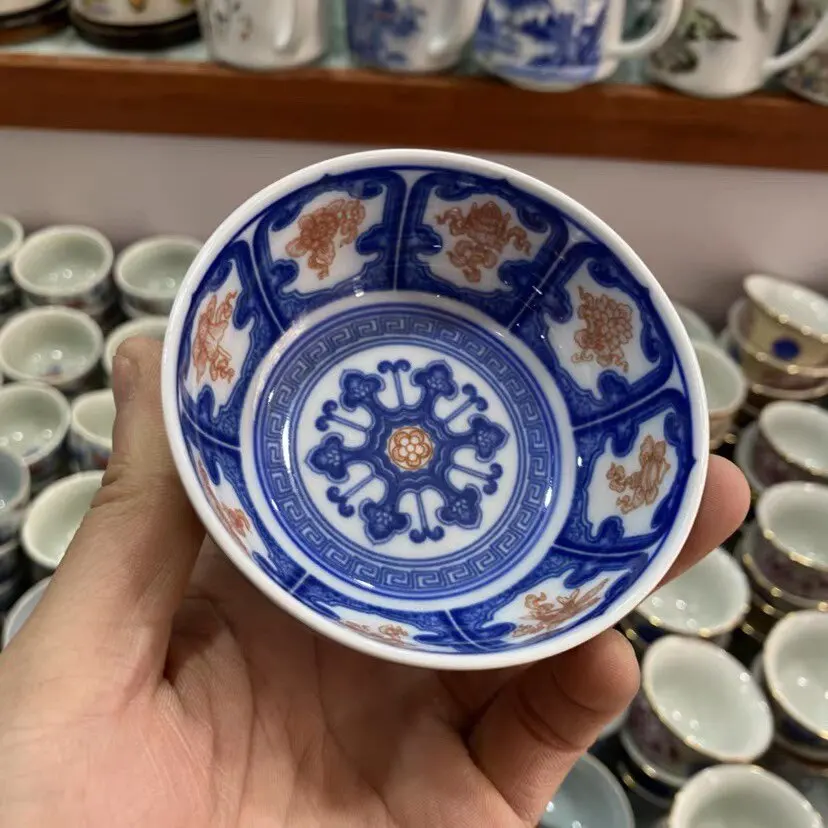 Jingdezhen Ceramic Eight-Treasure Pattern Pu'er Cup Tea Cup Cup Blue and White Porcelain Tea Cup Single Large Bowl Cup