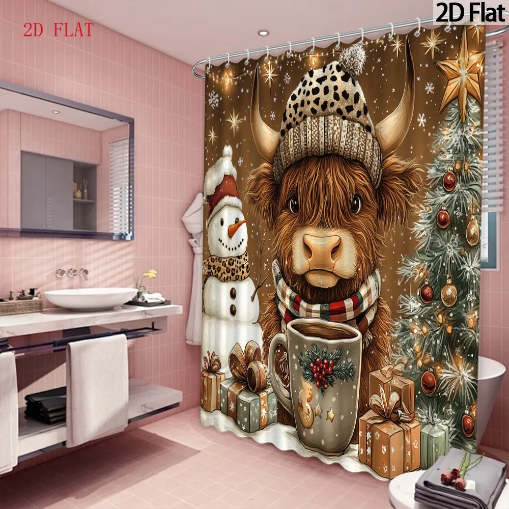 2D Flat, 2D Flat, 1pc 2D Flat, Large-Sized Shower Curtain with Scottish Highland Cow Christmas Theme, Including Winter Snow Scenes, Snowmen, And Gift Patterns - Thickened