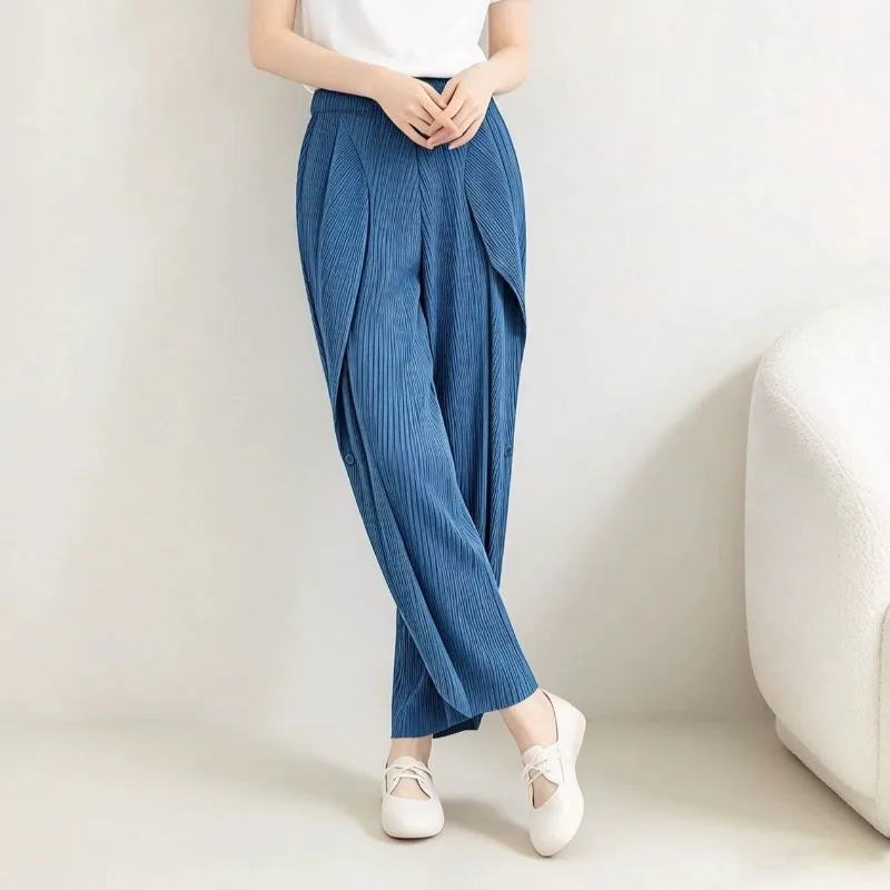 Pleated Harem Pants for Women Plisse 2026 Autumn New Side Seaweed Design Fold Trousers Button Splicing Pleated Casual Long Pants