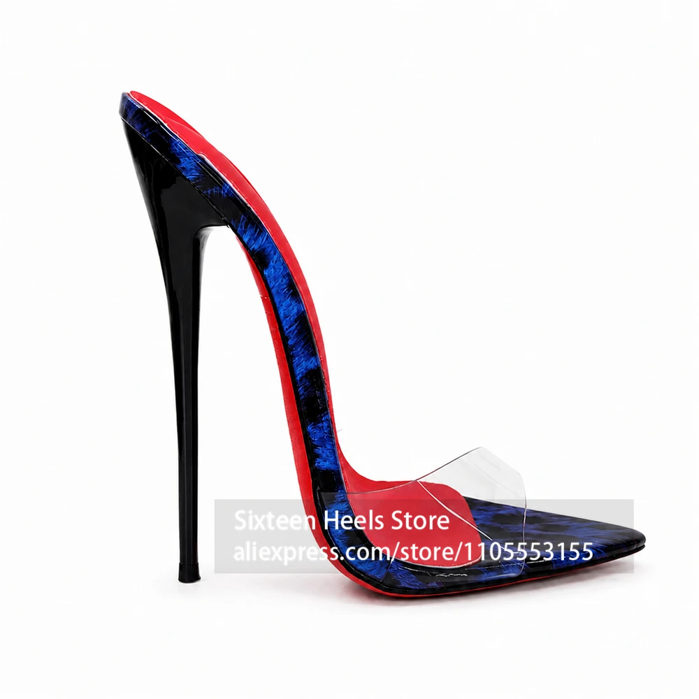 16cm Clear Strap Pointed Toe Stiletto Mules Leopard Print Red Insole Summer Slippers Transparent PVC Strap High Heel Women Shoes