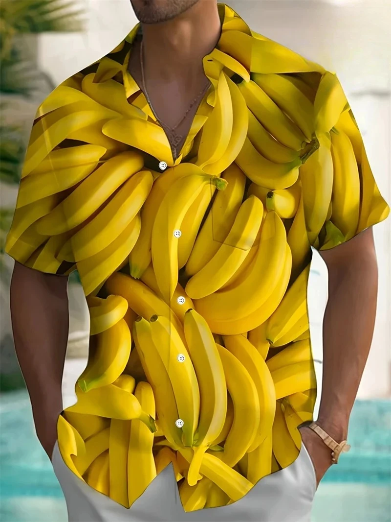 Hawaiian Men's Shirt Abstract Banana Pineapple 3D Printing Tee 2025 Funny Fruit Summer Blouse Lapel Short Sleeves Shirts Tops