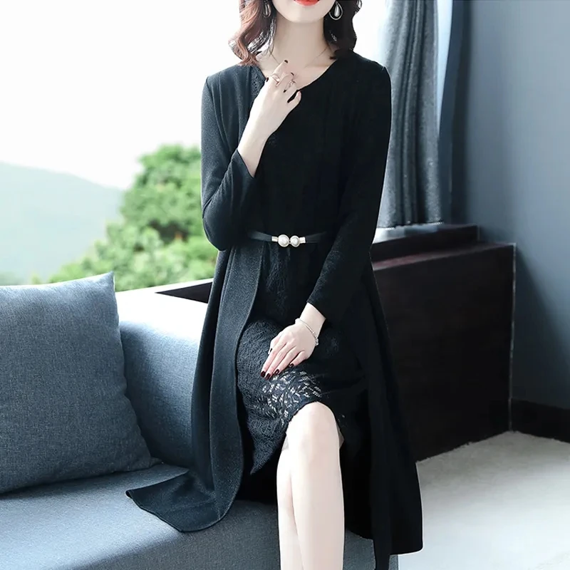 Elegant Lace Dress Set Women Two Piece Set New Spring Autumn Cardigan Coat Long Sleeve Tops And Vest Dress Suit With Belt 5XL