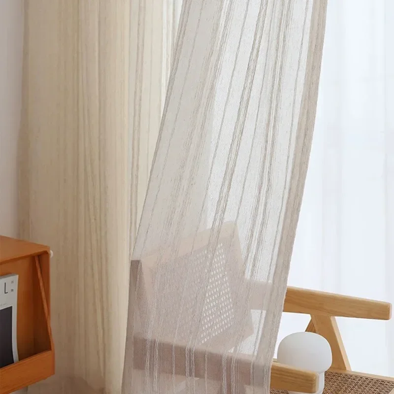 

Custom Size Linen Striped Gauze Curtains for Living Dining Room Bedroom Tea Wind Window Screen Nature Vertically White Tulle