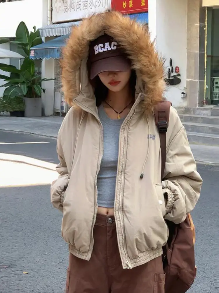 

Korean Grey Khaki Long Sleeved Short Cotton Coat Parkas Women Winter Festival Hooded Thicken Warm Zipper Overcoat Jackets Casual