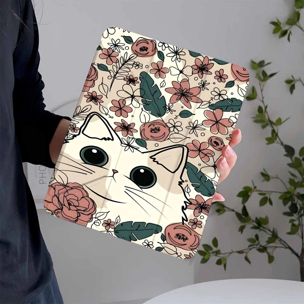 Cat Floral Doodle For iPad Pro 11 12.9 13 A16 M2 M4 M3 M5 Shell 9.7 10.2 5/6/7/8/9/10/11th Mini Air 3 4 5 6 Cover
