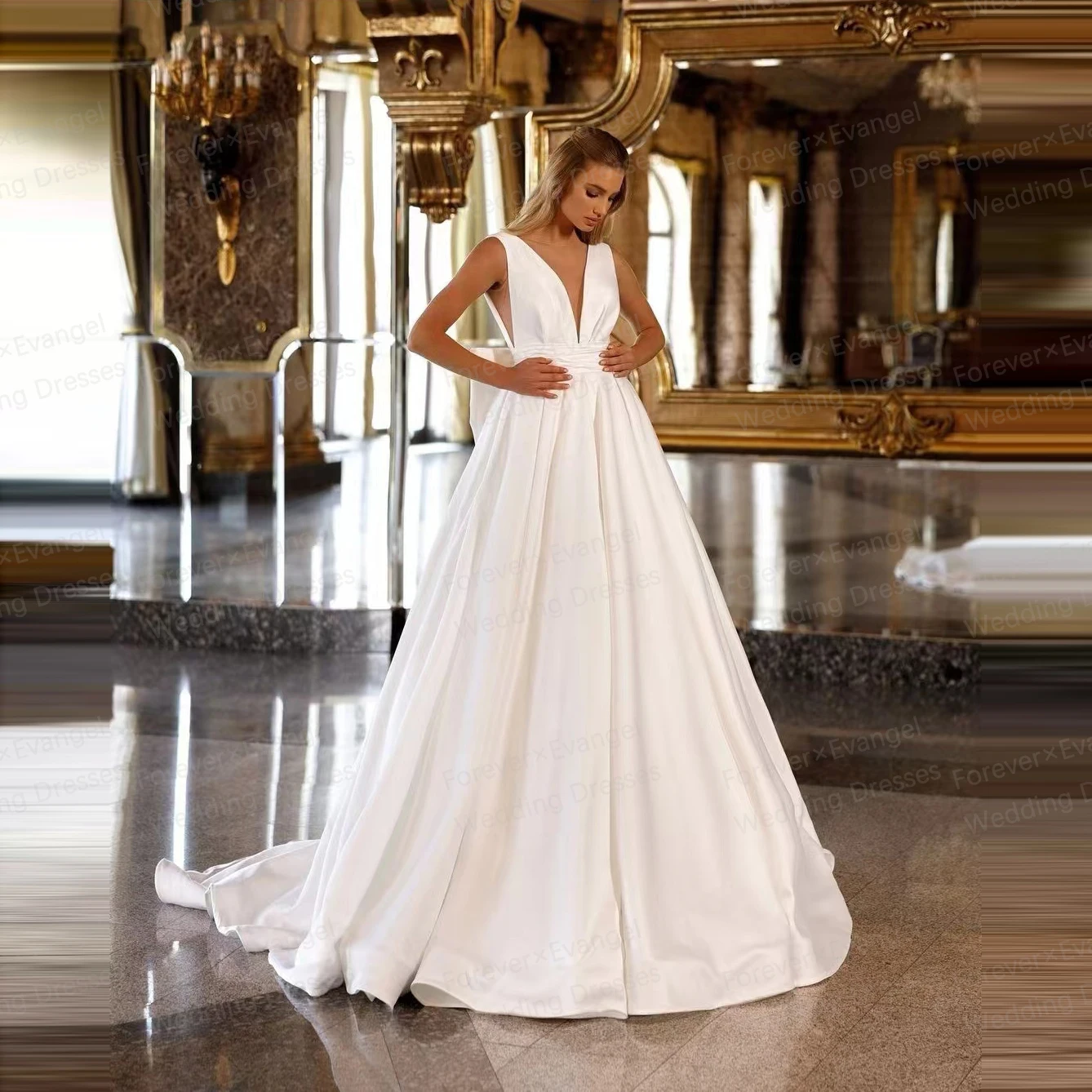 

Luxury V Neck Wedding Dresses A Line Woman's Sexy Sleeveless Bride Gowns Bow Backless Pleat Satin Sweep Train Vestidos De Noche