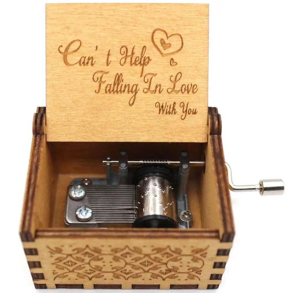 Wooden Hand-Cranked Music Box Vintage Engraving Music Box Can\'t Help Falling in Love Valentines Day Gift Birthday Presents