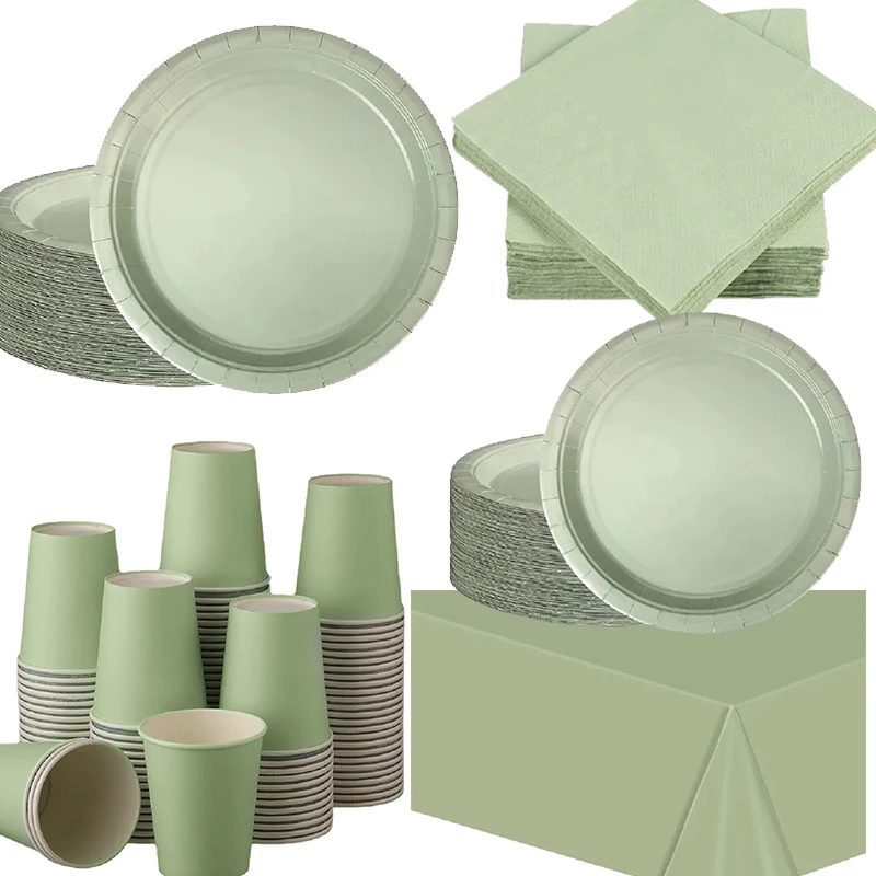 Solid Color Sage Green Party Supplies Disposable Tableware Jungle Safari Paper Cup Plate Napkin Tablecloth for Kids Baby Shower