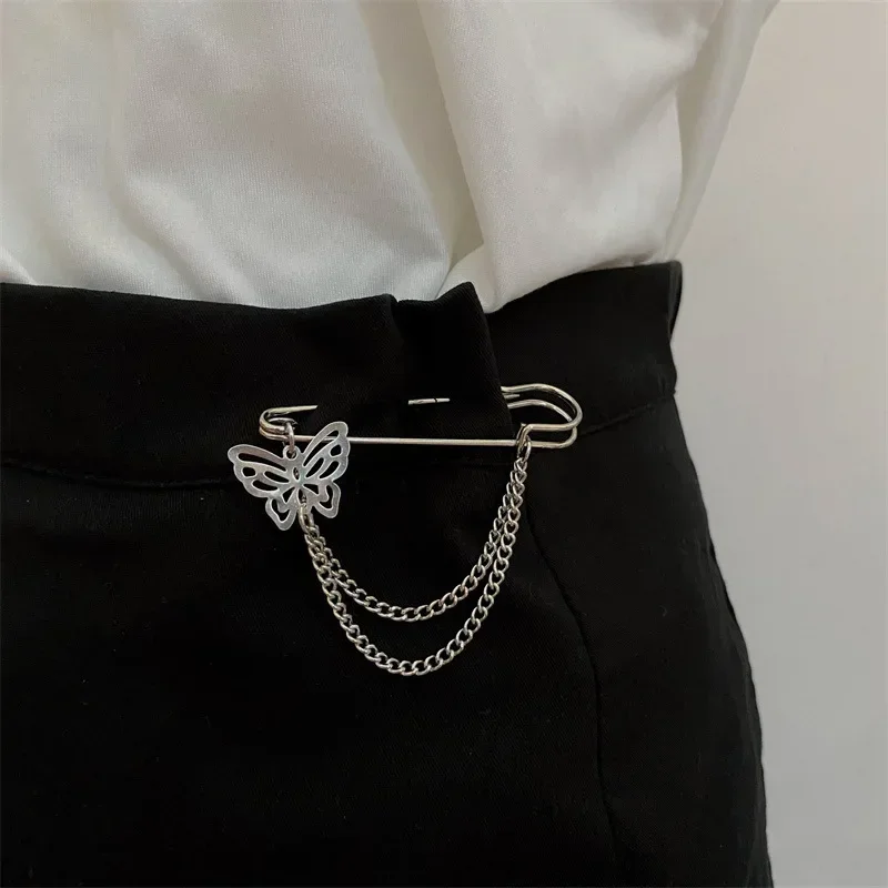 Korean Style Metal Butterfly Chain Brooch for Women Men Suit Decoration Tassel Chain Metal Beads Pin Cloth Jewelry Accessories