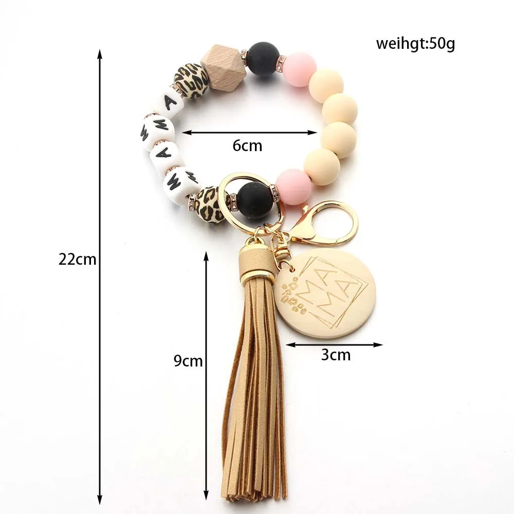 Mother\'s Day Gift Letter MAMA Wooden Tag Tassel Pendant Elastic Wood Bead Keyring Bag Accessories for women