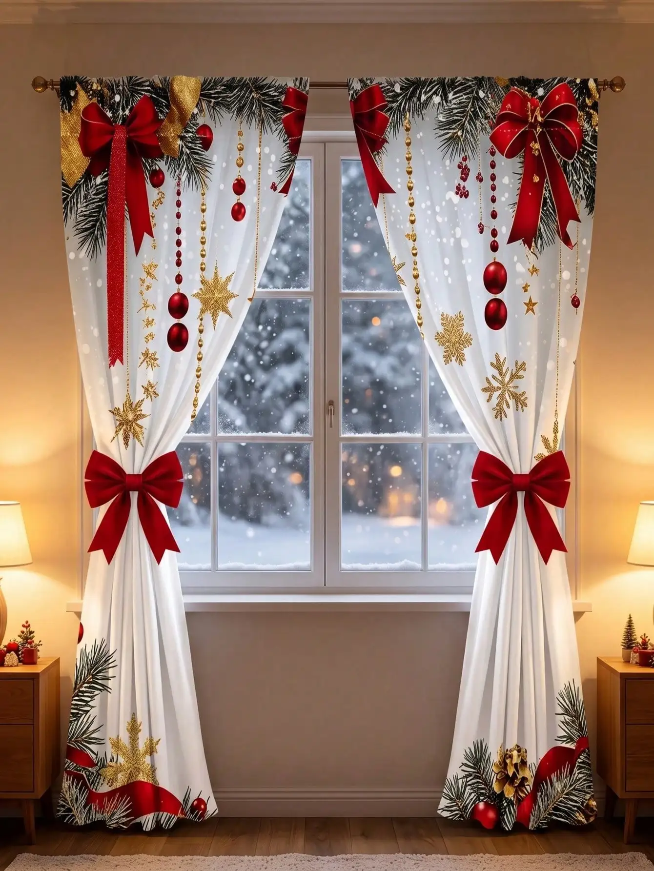 2pcs Christmas Curtains With Red Bows & Pine Needles & Christmas Balls & Snowflake Design, 2D Flat 60*150cm Polyester Material Christmas Hanging Decorative Curtains, Can Be Used As Door Curtain Decoration, Machine Washable,  (Curtain Rod Not Included)