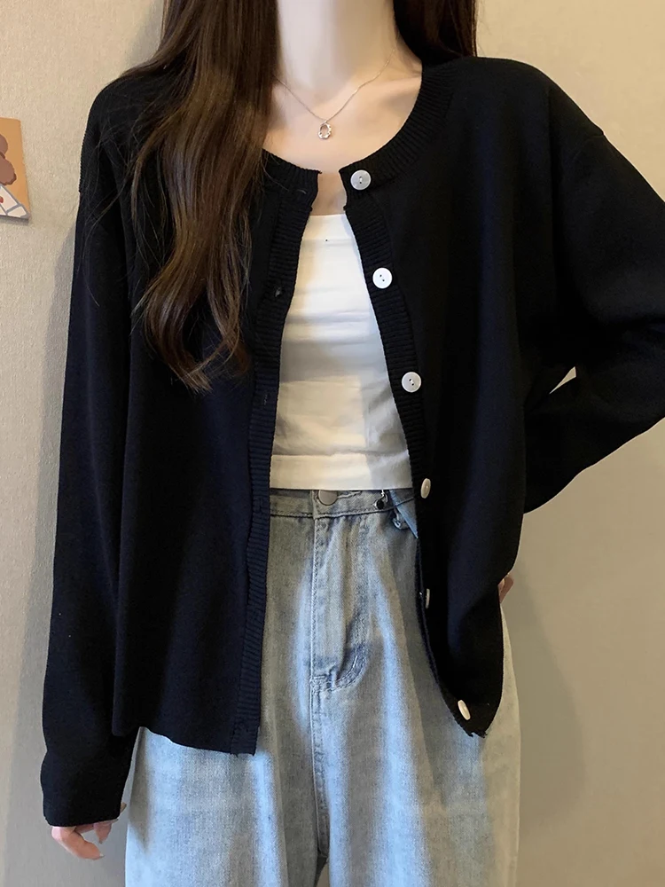 Black Ice Silk Thin Knitted Sweater Coat Women's Early Autumn New Large Size Fat MM Halter Dress Outer Sun Protection Open Ca...