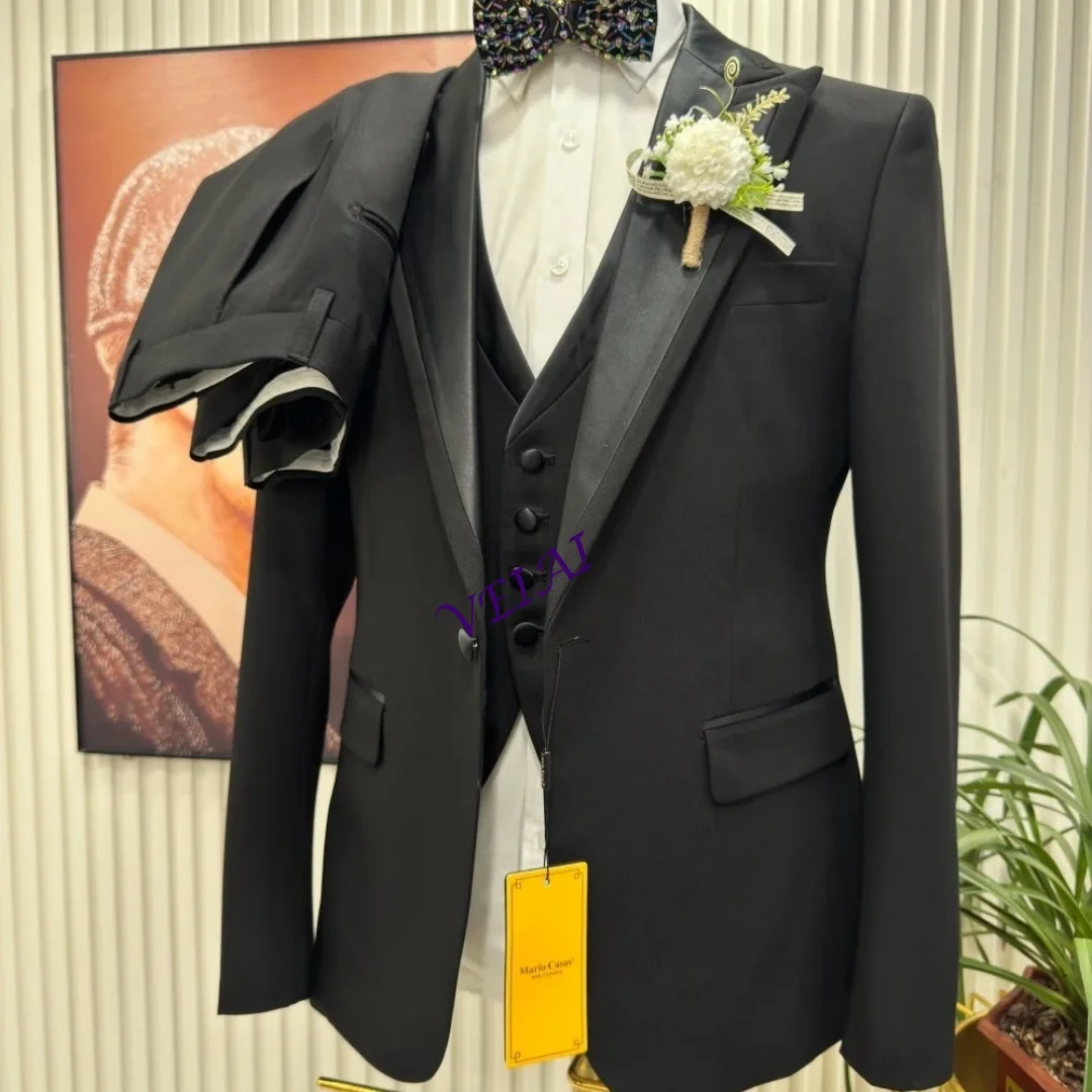 

CustomizedMens Stylish Black Satin Lapel Three Piece Suit Single Breasted Groom Wedding Formal Tuxedo Premium Party Prom Attire