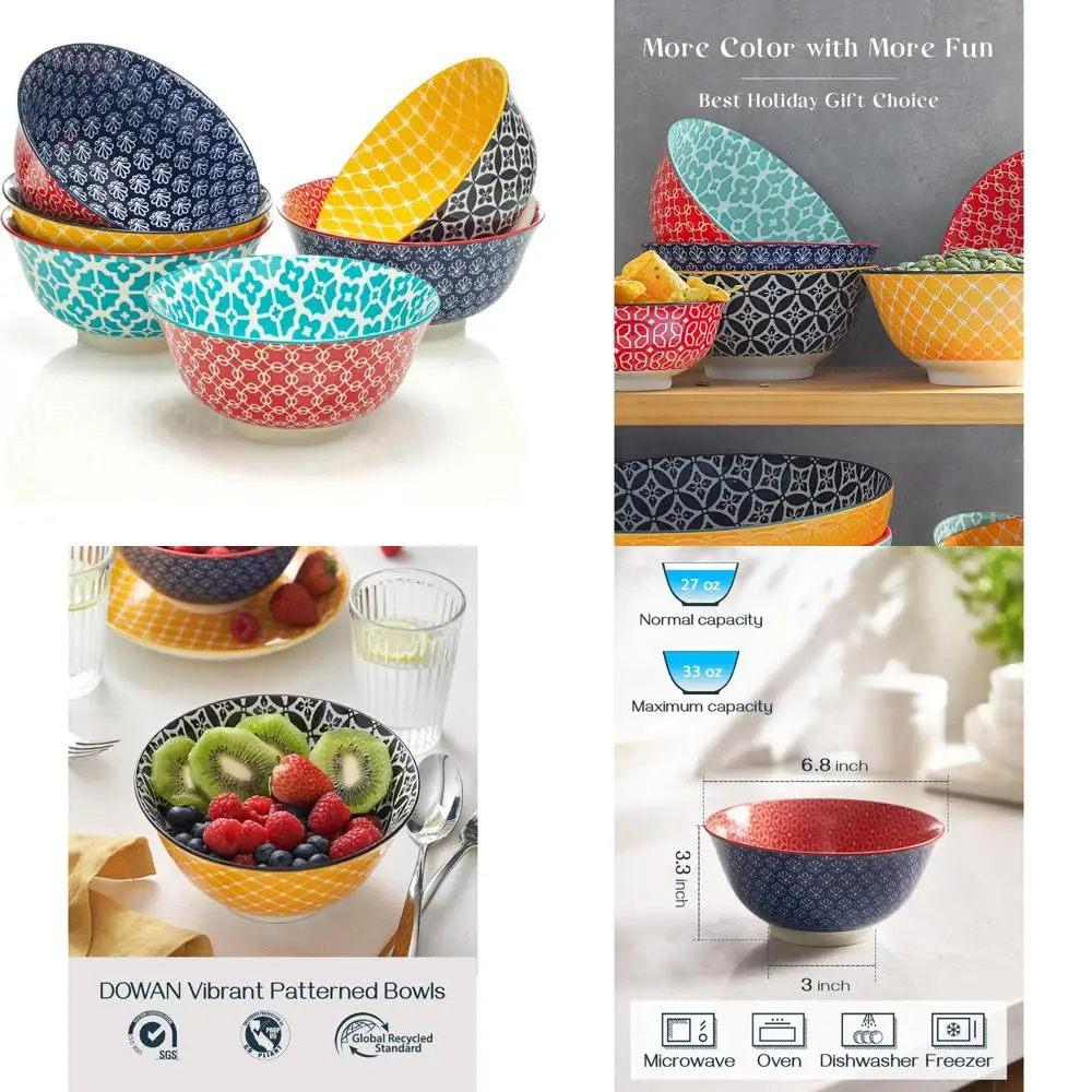 

Large Ceramic Deep Bowl Set of 6 for Ramen, Pasta, Salad - Vibrant Patterned Porcelain Serving Bowls