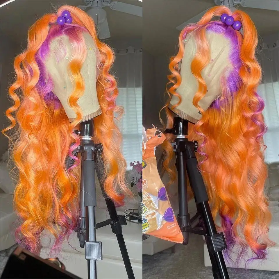 13X4 Lace Frontal Wig 2 Tones Purple Orange Blonde Pink Green Ombre Lace Front Wig Body Wave Brazilian Remy Wig Human Hair