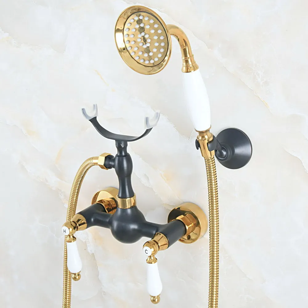 

Black Oil Rubbed & Gold Brass Wall Mounted Bathroom Hand Shower Faucet Set with 1500MM Hose Handheld Spray Head Mixer Tap Dna555